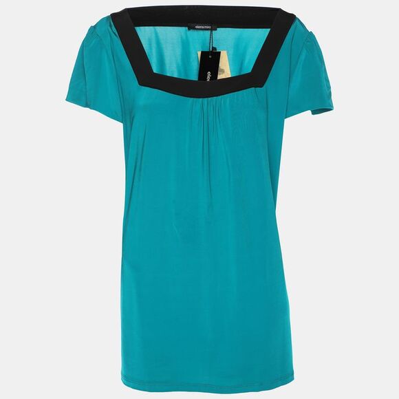 Elena Miro Green/black Jersey Square Neck Cap Sleeve Top L